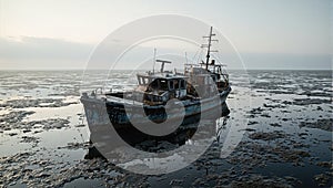 Eerie image of abandoned boat in oil covered water stained hull and silence Perfect for themes of isolation and environmental photo