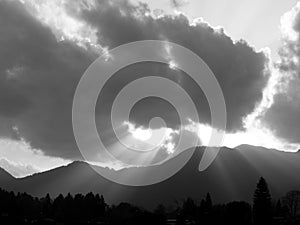 Eerie mood of light in the mountains in black and white