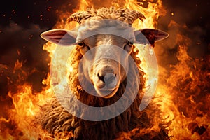 Eerie Nightmare sheep with fire flames. Generate ai