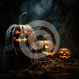 Eerie Old Halloween Pumpkins Adorned with Spider Webs and Spiders in Moonlight Shadows