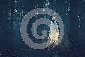 Eerie presence of ghost amidst enchanting mystic twilight woods