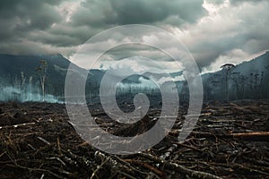 Eerie scene of deforestation with mist and smoke lingering over felled trees