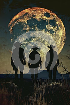 An eerie scene of zombie cowboys rising from the desert, silhouetted against a full moon, blending horror with the Wild West ,