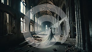 An eerie silhouette of a bride in a decaying cathedral