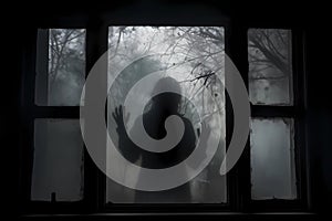 Eerie silhouette in a foggy window