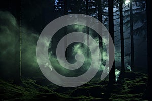 Eerie Smoke forest night. Generate Ai