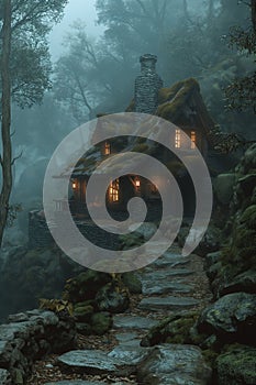 Eerie stone house in foggy forest setting