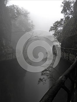 Eerie Tianmen Mountain Trail in Fog