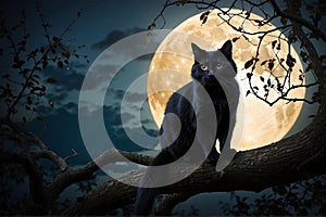 Eerie tree branch scene Halloween cat artwork Spooky moonlit cat