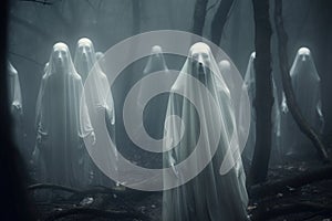 Eerie undead beings in white veils wandering through a fog-shrouded nocturnal forest. Generative AI
