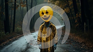 Eerie Yellow-faced Figure Walking Down Halloween Road