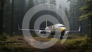 Eerily Realistic Adventure: Dark Silver And Yellow Plane In Forest