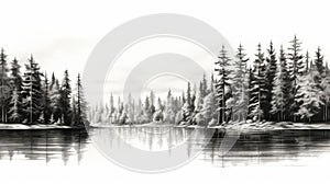 Eerily Realistic Black And White Drawing Of Pine Trees By The Lake