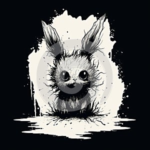 Eerily Realistic Cartoon Rabbit In Dark Inkblot Style