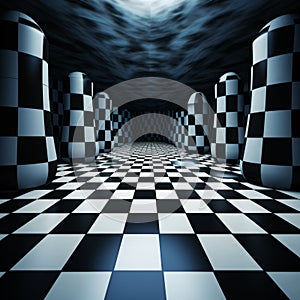 Eerily Realistic Checkered Hallway With Black And White Pillars