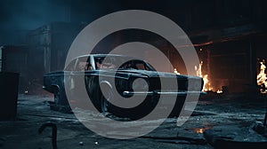 Eerily Realistic Cinematic Sets: An Abandoned Building With An Old Car And Fiery Background