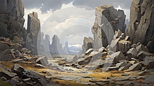 Eerily Realistic Fantasy Landscape With Sharp Boulders And Overcast Sky