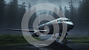 Eerily Realistic Forestpunk: Dark Silver Plane With Graffiti-esque Markings