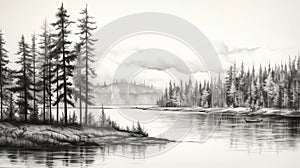 Eerily Realistic Ink Drawing Of Lakes And Pine Trees