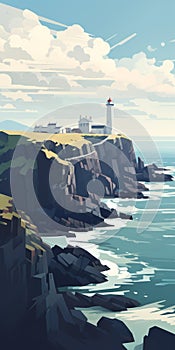 Eerily Realistic Lighthouse Illustration On Cliff Edge Near Ocean