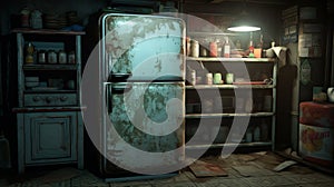 Eerily Realistic Urban Kitchen With Large Refrigerator And Cold Beer