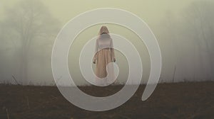 Eerily Realistic Woman In White Dress Standing In Haunting Foggy Field