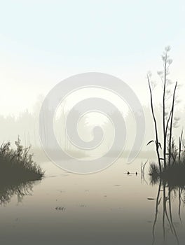 An eery lake shrouded by a thick mist its surface still and lifeless. Gothic art. AI generation