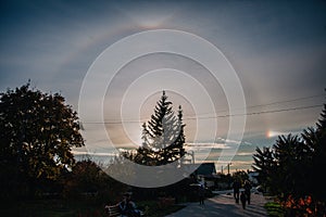 The effect of the halo around the sun and the silhouettes of the trees at sunset