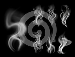 Effect steam on black. White fog and graphic smoke with blowing cloud on dark background isolated vector illustration