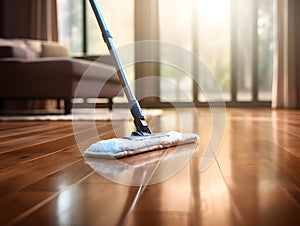 Effective Floor Cleaning Mop and Cleanser Foam in Action on Parquet Flooring