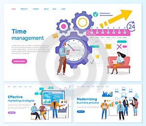 Effective marketing strategies, time management, modernizing business process web pages template photo
