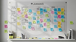 Effective planning and organization with colorful sticky notes on whiteboard