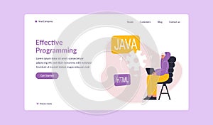 Effective programming landing page. Cartoon flat man developer working on laptop. Software programmer designing website