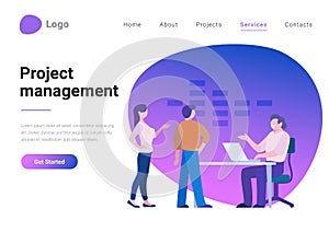 Effective Project Management Flat style vector illustration landing page banner. Employees standing near boss top manager