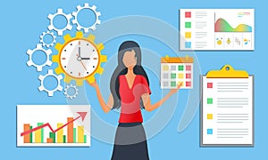 Effective time management concept, tasks planning and organization of working process. Businesswoman doing multitasking.