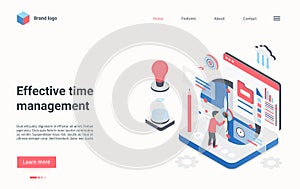 Effective time management isometric landing page, manager working to organize time