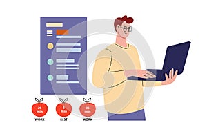 Effective time management. Man work with computer, pomodoro technique for successful job timing. Student learning and