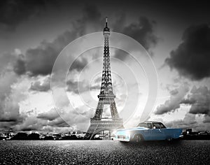 Effel Tower, Paris, France and retro car. Black and white