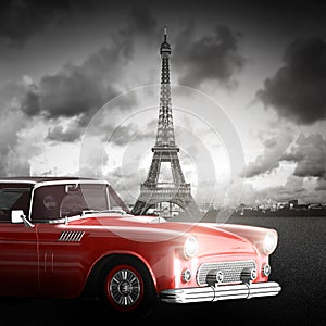Effel Tower, Paris, France and retro red car photo