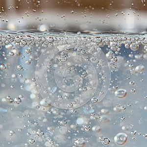 Effervescent bubbles rise through a clear liquid, possibly carbonated water, creating a