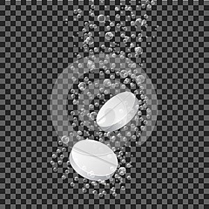 Effervescent dissolving tablet pills in fizzy water. Tablet of antibiotic, aspirin or vitamin soluble. Medicine drug with bubbles