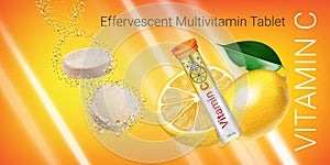 Effervescent Multivitamin tablets ads. Vector Illustration with Vitamin C container and lemon.