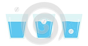 Effervescent pill dissolve in a glass of water. Flat vector illustration of fizzy tablet.