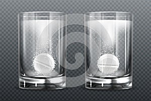 Effervescent pill with fizz bubbles in water glass