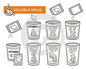 Effervescent soluble drug tablet, fizzy vitamin C powder medicine dissolve in glass water, aspirin pill line icon set vector