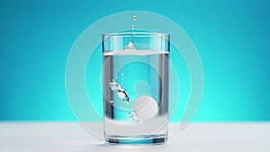 Effervescent Tablet Falling into Glass of Pure Water Standing on Table Top, Making Splash in Slow Motion on Blue Background