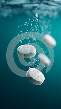 Effervescent tablets dissolving in blue water creating bubbles