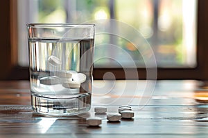 Effervescent tablets dissolving in a glass of water on table