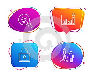 Efficacy, Energy and Lock icons set. Fireworks sign. Business chart, Turn on the light, Private locker. Vector