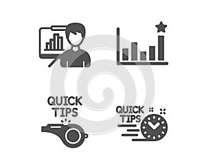 Efficacy, Presentation board and Tutorials icons. Quick tips sign. Business chart, Growth chart, Quick tips. Vector